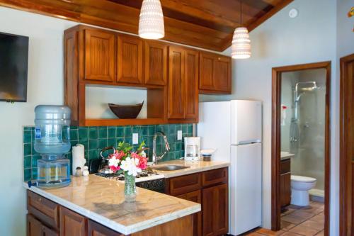 圣佩德罗美丽海岛游艇俱乐部的厨房配有木制橱柜和白色冰箱。