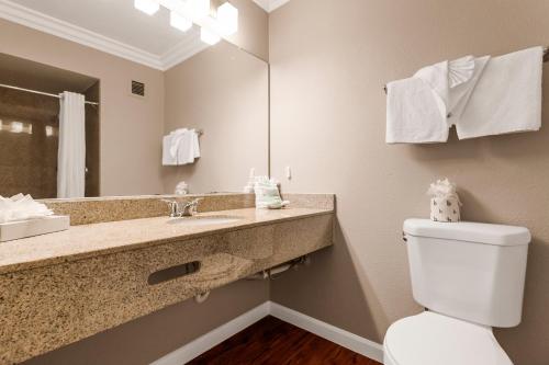奥克兰杰克伦敦旅馆的浴室设有卫生间和带镜子的盥洗盆