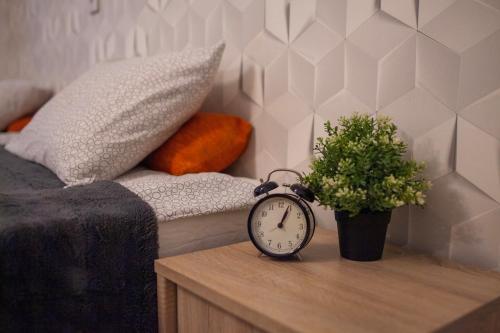 克拉科夫Lukas Guest Rooms的桌子上的钟,床边有盆栽植物