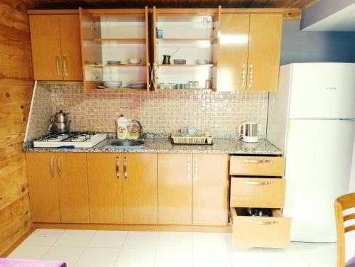 艾德亚耶拉西Ayder Rainbow Gokkusagi的厨房配有木制橱柜和白色冰箱。