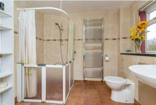 RoffeySpacious 5 Bedroom 11 Guest Family House in Horsham的带淋浴、卫生间和盥洗盆的浴室