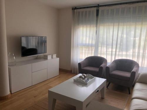 利亚内斯Apartamento Boutique Arquera Golf II -Llanes的客厅配有两把椅子和电视