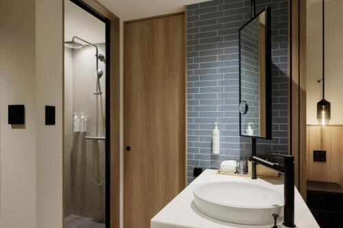 淡路Fairfield by Marriott Hyogo Awaji Higashiura的一间带水槽和淋浴的浴室