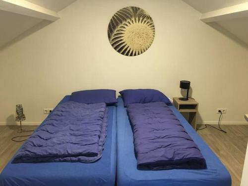 哈尔德伦Adorable two bedroom bungalow C7 next to hotel.的带风扇的客房内一张带紫色床单的床