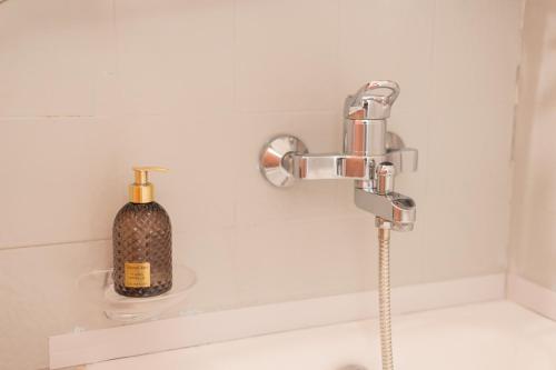 萨格勒布Magnolia apartment的浴室水槽配有水龙头和1瓶肥皂