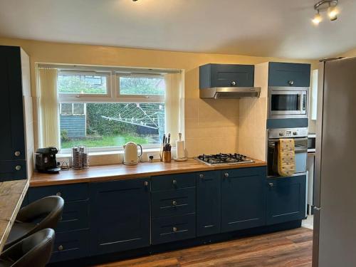 米德尔斯伯勒Entire Home的一间设有蓝色橱柜和窗户的大厨房