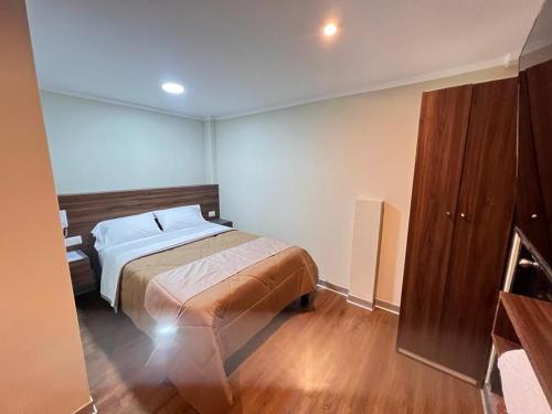 查查波亚斯Ayña Hotel的一间卧室配有一张床,铺有木地板