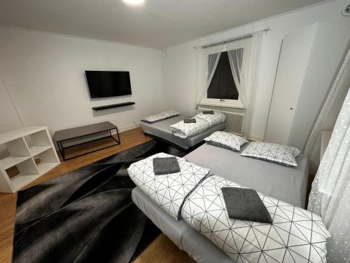 布罗斯Villa i centrala Borås nära sjö, centralstationen的客厅配有两张床和一台平面电视