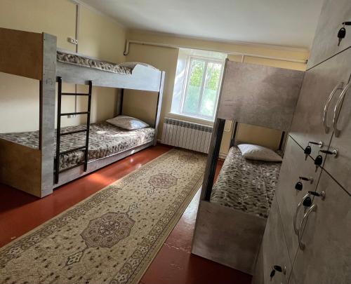 卡拉科尔The Nest Hostel的客房设有两张双层床和一扇窗户。