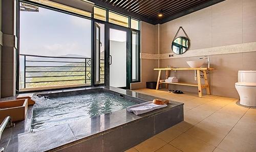 台北阳明温泉度假村的带浴缸的浴室,享有海景