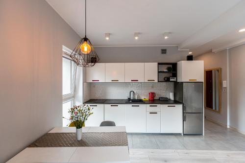 斯扎瓦诺泽德霍Emerald Apartament przy deptaku的厨房配有白色橱柜和不锈钢冰箱