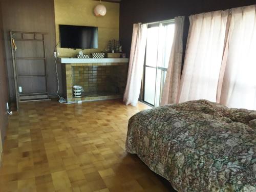 鸣门市オーベルジュ鳴門的一间卧室配有一张床、一个壁炉和一台电视。