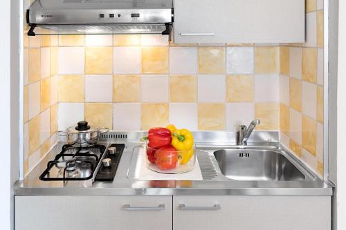 里米尼纳欧迪旅馆的厨房柜台设有水槽和一碗水果