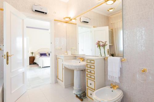 多列毛利诺斯Villa Galemar Pool & Gardens的一间带水槽、卫生间和镜子的浴室