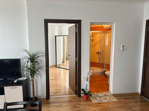 圣弗拉斯Antorini Apartments的走廊设有带卫生间和浴缸的浴室