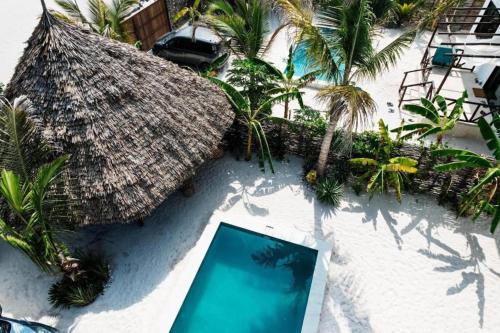 布韦朱Sand Beach Boutique Villas的享有带游泳池和茅草屋顶的度假村的顶部景致