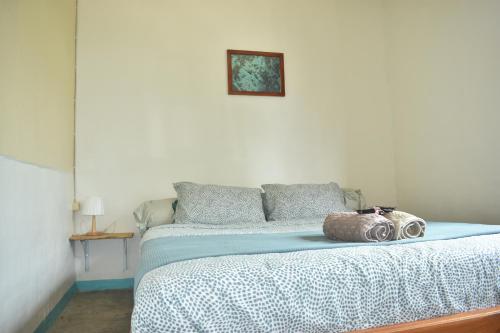 鲁滕Mama's Homestay Ruteng的一间卧室配有一张带蓝色棉被的床