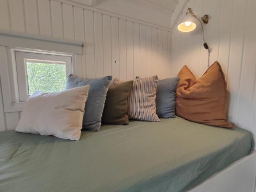 布罗斯特Tranum Klit Camping og Hytteudlejning的一张沙发,里面有很多枕头