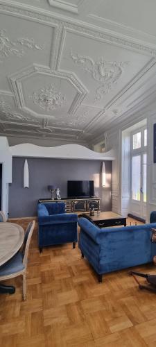 Ma petite folie的客厅配有蓝色家具和格子天花板