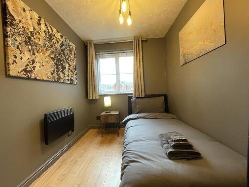 利明顿温泉No24 - 2-bed Boutique Apartment - Hosted by Hutch Lifestyle的一间卧室配有一张床、一台电视和一个窗口