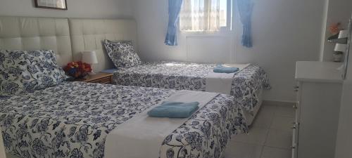 贝纳尔马德纳Acuario shared flat piso compartido est partagé الشقة مشتركة的小客房内的两张床和蓝色毛巾