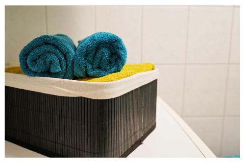 斯皮特安德劳Ingrid’s Guesthouse Spittal的浴室里备有蓝色毛巾的棕色篮子