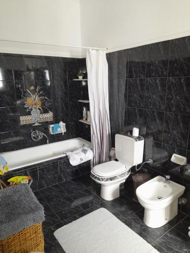 埃尔莫波利斯Art House Syros的黑色瓷砖浴室设有卫生间和浴缸