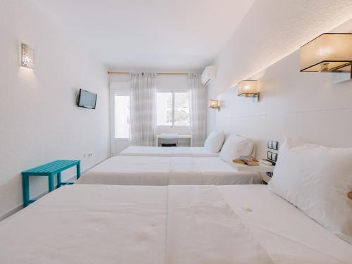 圣何塞Hostal Las Gaviotas del Cabo的白色的客房设有四张床和窗户。