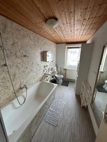 GronauDemir Pension的带浴缸和盥洗盆的浴室