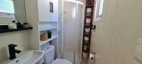 坎珀兰RBR 1532 - Beach Resort Kamperland的带淋浴、卫生间和盥洗盆的浴室