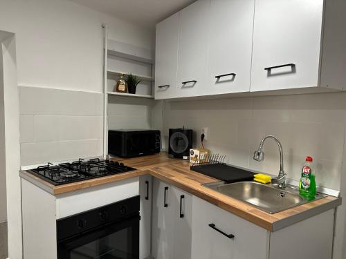 布加勒斯特Turqoise Central Apartaments的厨房配有白色橱柜、水槽和炉灶。