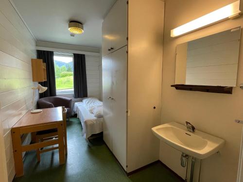 弗勒Førde Sommarhotell的一间带水槽的浴室和一间带沙发的房间