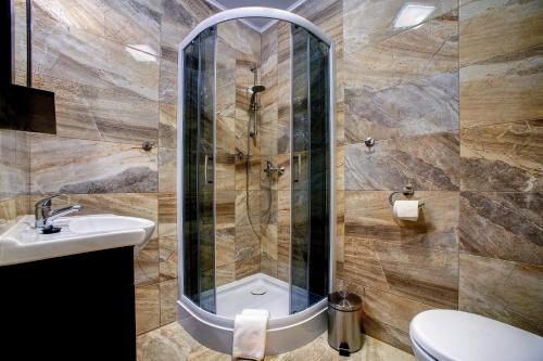 萨诺克扎雅德萨诺基宾馆的带淋浴、卫生间和盥洗盆的浴室