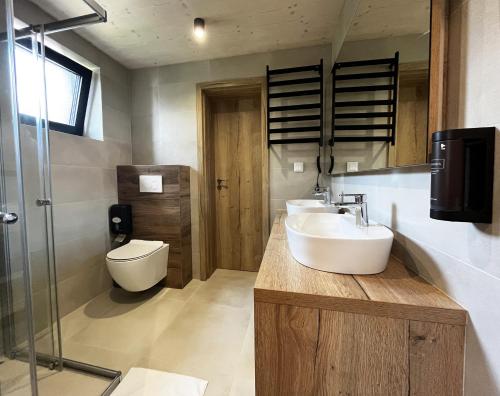 鲁容贝罗克Rezidencia Hrabovo的一间带两个盥洗盆和卫生间的浴室