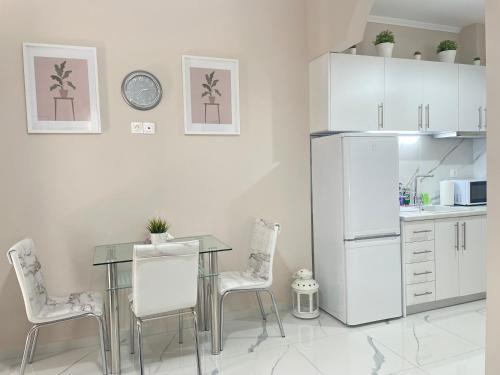 爱琴娜岛Aiginetan Apartments的厨房配有桌椅和冰箱。