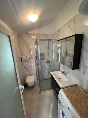 拉茨斯切Apartmani Tonko的带淋浴、盥洗盆和卫生间的浴室