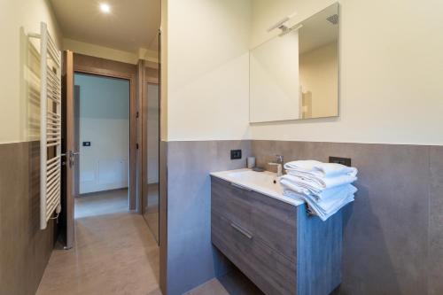 利维尼奥Arion Apartments - Trepalle的一间带水槽和镜子的浴室