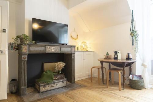 贝桑松Charmant cocon centre historique的客厅设有壁炉,上面配有电视。