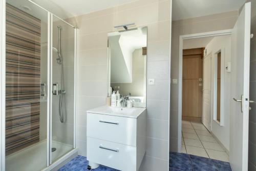 克罗宗Le Dixmude, appartement proche plage de Morgat的一间带水槽和淋浴的浴室