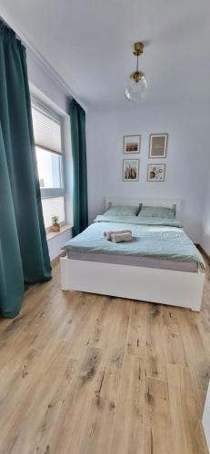 戈乌达普Apartament 6的一间卧室配有一张床,铺有木地板