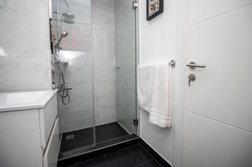 阿克拉Ghana luxury Apartments的带淋浴的浴室和玻璃门