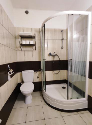 班斯卡 - 什佳夫尼察Chata Gatterhof的一间带卫生间和玻璃淋浴间的浴室