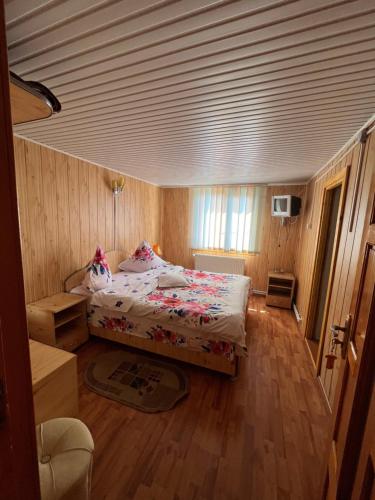 阿加皮亚Pensiunea Casa Ana的一间卧室配有一张床,铺有木地板