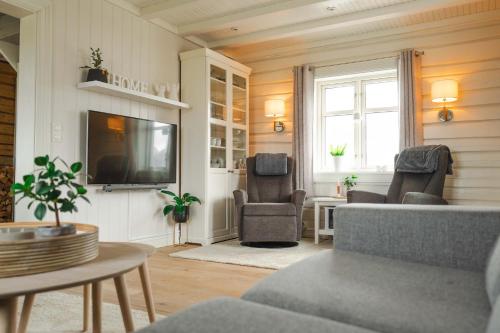 雷讷Lofoten Villa的客厅配有沙发、椅子和电视