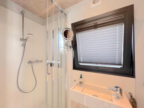 MaasbommelJopies Houseboat的带淋浴和盥洗盆的浴室以及窗户。