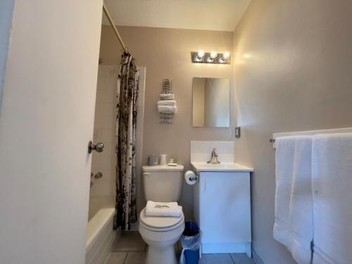 纳奈莫启航湾汽车旅馆的浴室配有卫生间、盥洗盆和淋浴。