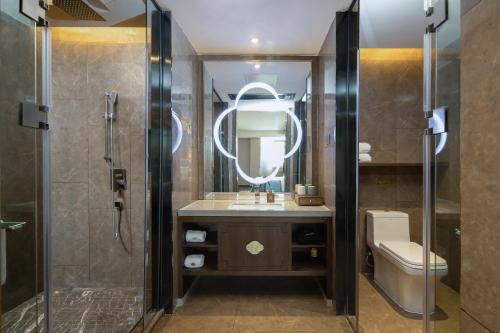 长沙廷泊酒店长沙洋湖中医药大学店的一间带水槽、卫生间和镜子的浴室
