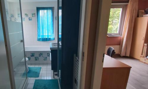 阿尔梅勒spacious room with free parking的带淋浴、盥洗盆和镜子的浴室
