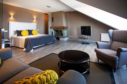 利亚内斯米拉奥拉斯酒店的一间卧室设有一张床和一间客厅。