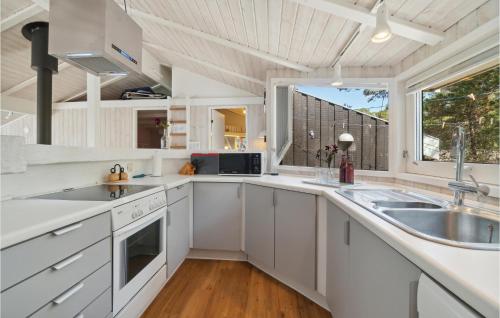 维斯特索马肯Gorgeous Home In Nex With Kitchen的一间厨房,配有白色的橱柜和大窗户